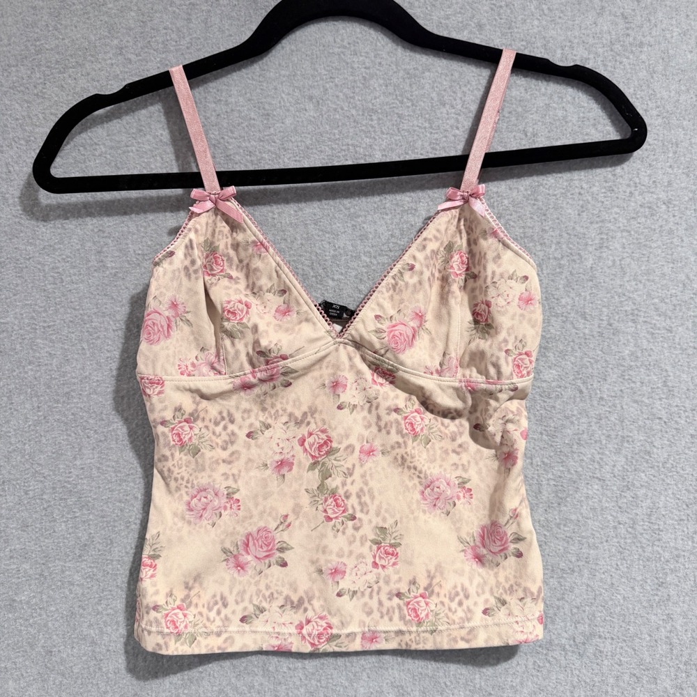 Coquette XS Pink Floral Leopard Camisole V-Neck Lace Bow Cami Top Dollette y2k